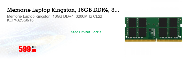 Memorie Laptop Kingston, 16GB DDR4, 3200MHz CL22 KCP432SS8/16