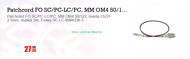 Patchcord FO SC/PC-LC/PC, MM OM4 50/125, manta LSZH 2.0mm, duplex 3m, Emtex SC-LC-MM4/DX-3