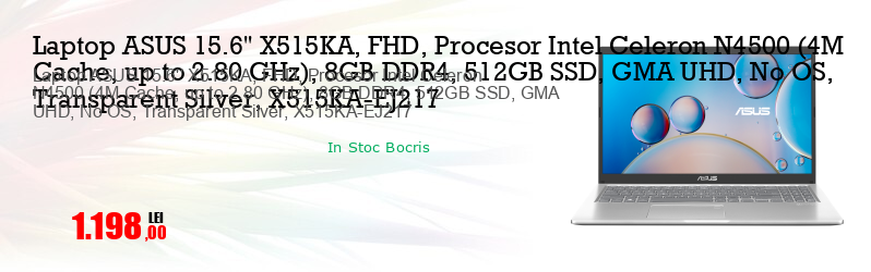 Laptop ASUS 15.6'' X515KA, FHD, Procesor Intel Celeron N4500 (4M Cache, up to 2.80 GHz), 8GB DDR4, 512GB SSD, GMA UHD, No OS, Transparent Silver, X515KA-EJ217