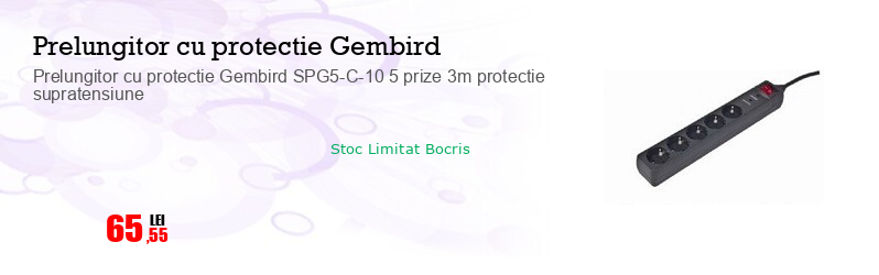 Prelungitor cu protectie Gembird SPG5-C-10 5 prize 3m protectie supratensiune