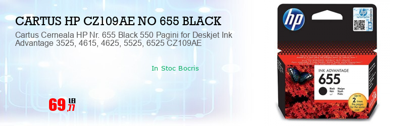 Cartus Cerneala HP Nr. 655 Black 550 Pagini for Deskjet Ink Advantage 3525, 4615, 4625, 5525, 6525 CZ109AE