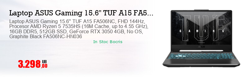 Laptop ASUS Gaming 15.6'' TUF A15 FA506NC, FHD 144Hz, Procesor AMD Ryzen 5 7535HS (16M Cache, up to 4.55 GHz), 16GB DDR5, 512GB SSD, GeForce RTX 3050 4GB, No OS, Graphite Black FA506NC-HN036