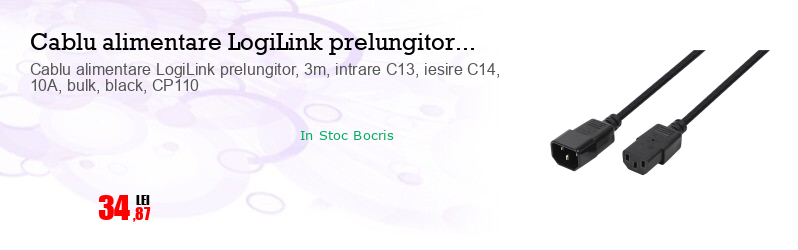 Cablu alimentare LogiLink prelungitor, 3m, intrare C13, iesire C14, 10A, bulk, black, CP110