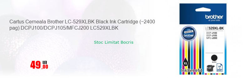 Cartus Cerneala Brother LC-529XLBK Black Ink Cartridge (~2400 pag) DCPJ100/DCPJ105/MFCJ200 LC529XLBK