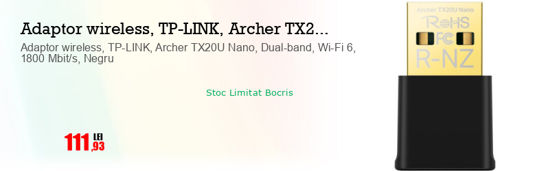 Adaptor wireless, TP-LINK, Archer TX20U Nano, Dual-band, Wi-Fi 6, 1800 Mbit/s, Negru