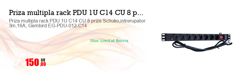 Priza multipla rack PDU 1U C14 CU 8 prize Schuko,intrerupator 3m,16A, Gembird EG-PDU-012-C14