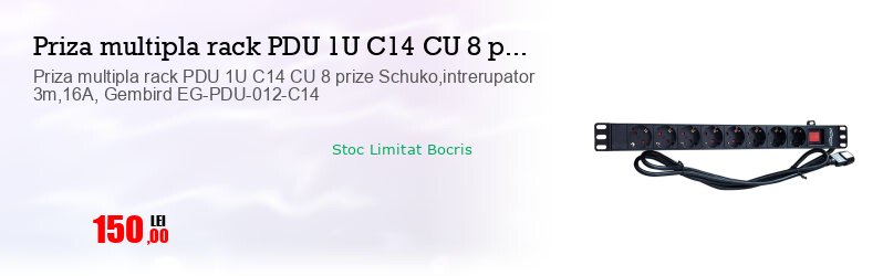 Priza multipla rack PDU 1U C14 CU 8 prize Schuko,intrerupator 3m,16A, Gembird EG-PDU-012-C14