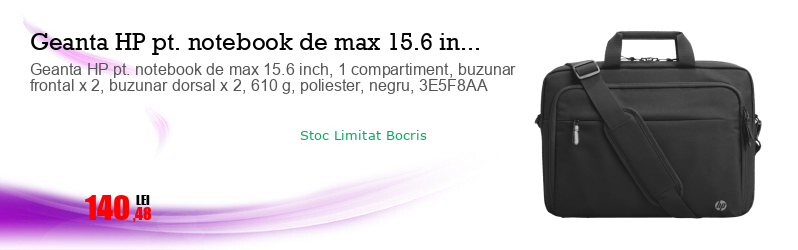Geanta HP pt. notebook de max 15.6 inch, 1 compartiment, buzunar frontal x 2, buzunar dorsal x 2, 610 g, poliester, negru, 3E5F8AA
