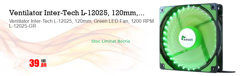 Ventilator Inter-Tech L-12025, 120mm, Green LED Fan, 1200 RPM L-12025-GR