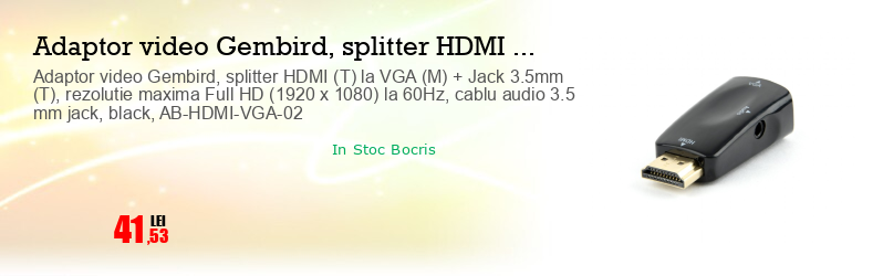 Adaptor video Gembird, splitter HDMI (T) la VGA (M) + Jack 3.5mm (T), rezolutie maxima Full HD (1920 x 1080) la 60Hz, cablu audio 3.5 mm jack, black, AB-HDMI-VGA-02