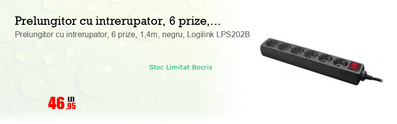 Prelungitor cu intrerupator, 6 prize, 1,4m, negru, Logilink LPS202B