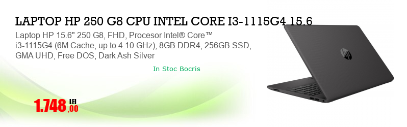 Laptop HP 15.6" 250 G8, FHD, Procesor Intel® Core™ i3-1115G4 (6M Cache, up to 4.10 GHz), 8GB DDR4, 256GB SSD, GMA UHD, Free DOS, Dark Ash Silver