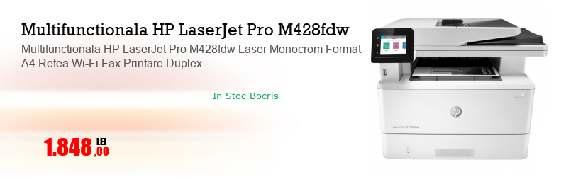Multifunctionala HP LaserJet Pro M428fdw Laser Monocrom Format A4 Retea Wi-Fi Fax Printare Duplex