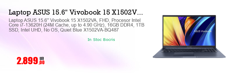 Laptop ASUS 15.6'' Vivobook 15 X1502VA, FHD, Procesor Intel Core i7-13620H (24M Cache, up to 4.90 GHz), 16GB DDR4, 1TB SSD, Intel UHD, No OS, Quiet Blue X1502VA-BQ487