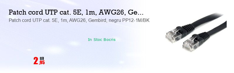 Patch cord UTP cat. 5E, 1m, AWG26, Gembird, negru PP12-1M/BK