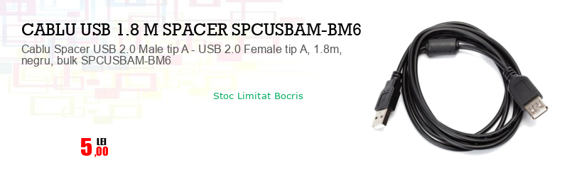 Cablu Spacer USB 2.0 Male tip A - USB 2.0 Female tip A, 1.8m, negru, bulk SPCUSBAM-BM6