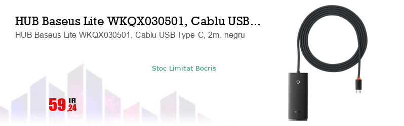 HUB Baseus Lite WKQX030501, Cablu USB Type-C, 2m, negru