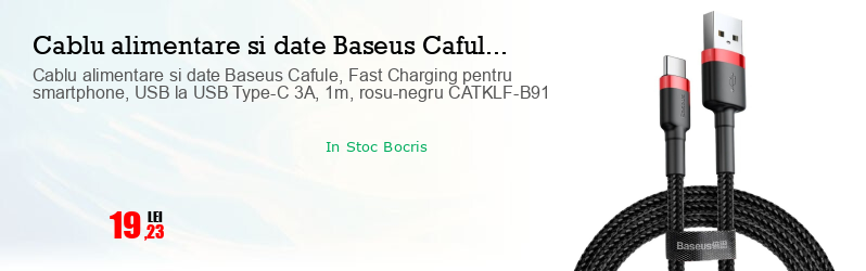 Cablu alimentare si date Baseus Cafule, Fast Charging pentru smartphone, USB la USB Type-C 3A, 1m, rosu-negru CATKLF-B91