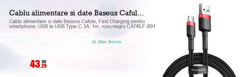Cablu alimentare si date Baseus Cafule, Fast Charging pentru smartphone, USB la USB Type-C 3A, 1m, rosu-negru CATKLF-B91