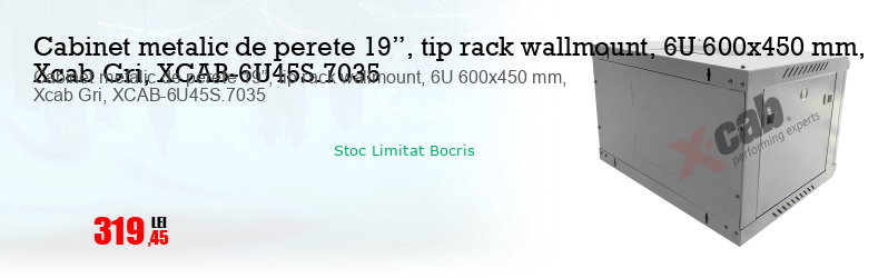 Cabinet metalic de perete 19”, tip rack wallmount, 6U 600x450 mm, Xcab Gri, XCAB-6U45S.7035