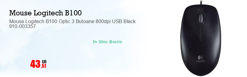 Mouse Logitech B100 Optic 3 Butoane 800dpi USB Black 910-003357