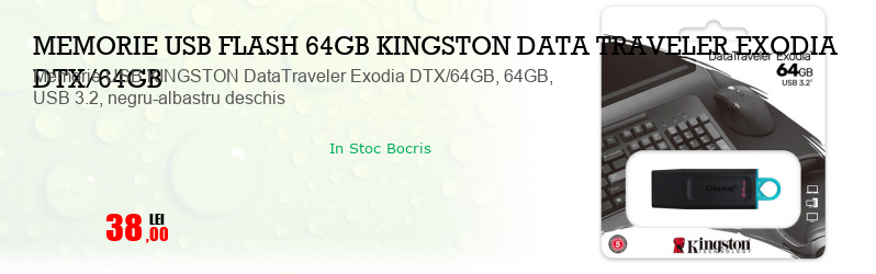 Memorie USB KINGSTON DataTraveler Exodia DTX/64GB, 64GB, USB 3.2, negru-albastru deschis