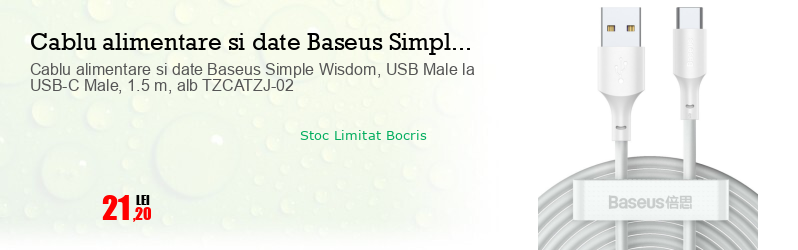 Cablu alimentare si date Baseus Simple Wisdom, USB Male la USB-C Male, 1.5 m, alb TZCATZJ-02