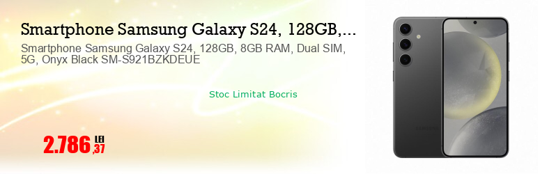Smartphone Samsung Galaxy S24, 128GB, 8GB RAM, Dual SIM, 5G, Onyx Black SM-S921BZKDEUE
