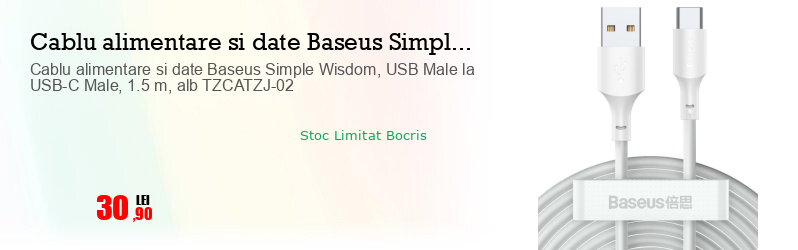 Cablu alimentare si date Baseus Simple Wisdom, USB Male la USB-C Male, 1.5 m, alb TZCATZJ-02