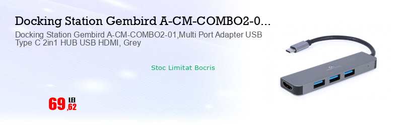 Docking Station Gembird A-CM-COMBO2-01,Multi Port Adapter USB Type C 2in1 HUB USB HDMI, Grey