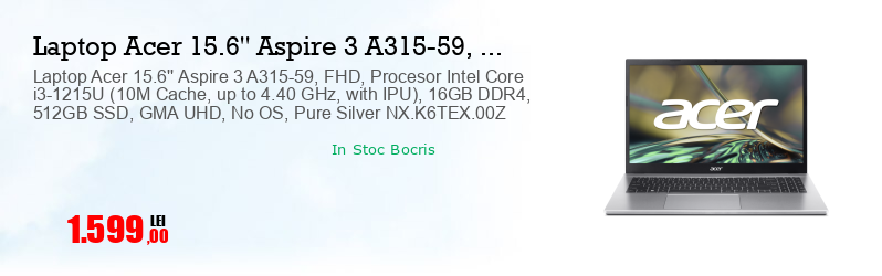 Laptop Acer 15.6'' Aspire 3 A315-59, FHD, Procesor Intel Core i3-1215U (10M Cache, up to 4.40 GHz, with IPU), 16GB DDR4, 512GB SSD, GMA UHD, No OS, Pure Silver NX.K6TEX.00Z