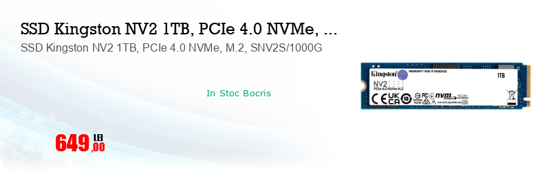 SSD Kingston NV2 1TB, PCIe 4.0 NVMe, M.2, SNV2S/1000G