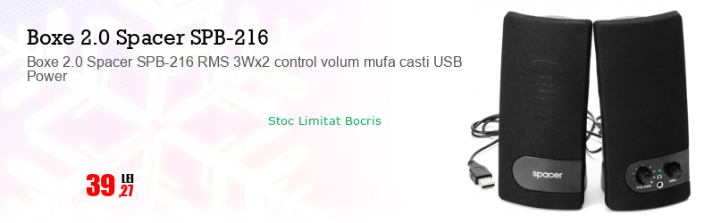 Boxe 2.0 Spacer SPB-216 RMS 3Wx2 control volum mufa casti USB Power