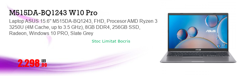 Laptop ASUS 15.6'' M515DA-BQ1243, FHD, Procesor AMD Ryzen 3 3250U (4M Cache, up to 3.5 GHz), 8GB DDR4, 256GB SSD, Radeon, Windows 10 PRO, Slate Grey