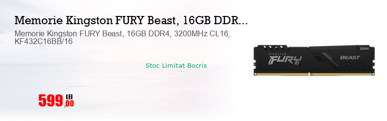 Memorie Kingston FURY Beast, 16GB DDR4, 3200MHz CL16, KF432C16BB/16