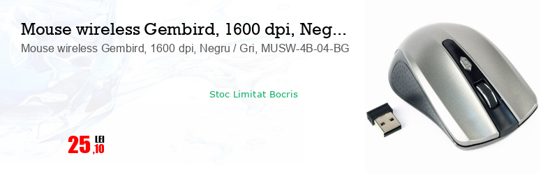 Mouse wireless Gembird, 1600 dpi, Negru / Gri, MUSW-4B-04-BG