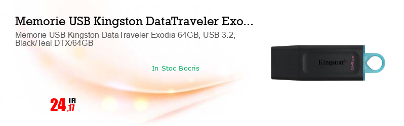 Memorie USB Kingston DataTraveler Exodia 64GB, USB 3.2, Black/Teal DTX/64GB