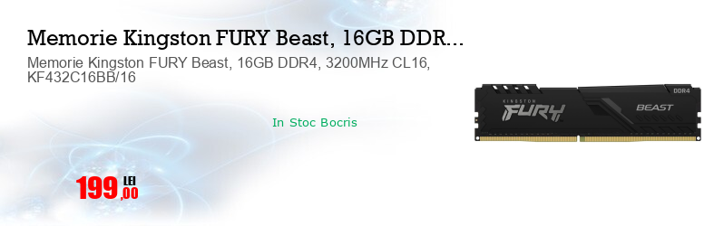 Memorie Kingston FURY Beast, 16GB DDR4, 3200MHz CL16, KF432C16BB/16
