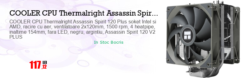 COOLER CPU Thermalright Assassin Spirit 120 Plus soket Intel si AMD, racire cu aer, ventilatoare 2x120mm, 1500 rpm, 4 heatpipe, inaltime 154mm, fara LED, negru, argintiu, Assassin Spirit 120 V2 PLUS