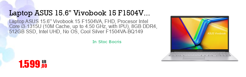 Laptop ASUS 15.6'' Vivobook 15 F1504VA, FHD, Procesor Intel Core i3-1315U (10M Cache, up to 4.50 GHz, with IPU), 8GB DDR4, 512GB SSD, Intel UHD, No OS, Cool Silver F1504VA-BQ149