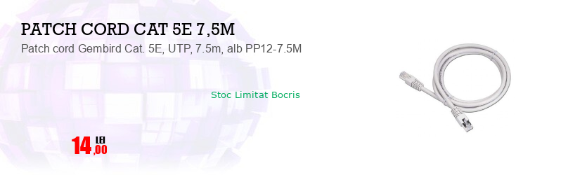 Patch cord Gembird Cat. 5E, UTP, 7.5m, alb PP12-7.5M