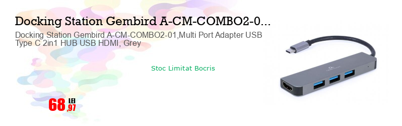 Docking Station Gembird A-CM-COMBO2-01,Multi Port Adapter USB Type C 2in1 HUB USB HDMI, Grey