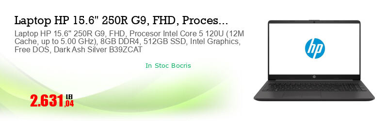 Laptop HP 15.6'' 250R G9, FHD, Procesor Intel Core 5 120U (12M Cache, up to 5.00 GHz), 8GB DDR4, 512GB SSD, Intel Graphics, Free DOS, Dark Ash Silver B39ZCAT