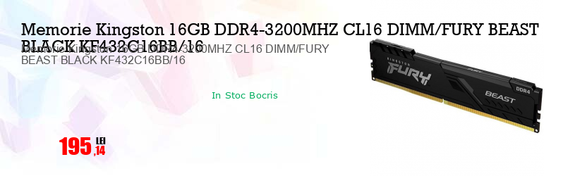 Memorie Kingston 16GB DDR4-3200MHZ CL16 DIMM/FURY BEAST BLACK KF432C16BB/16