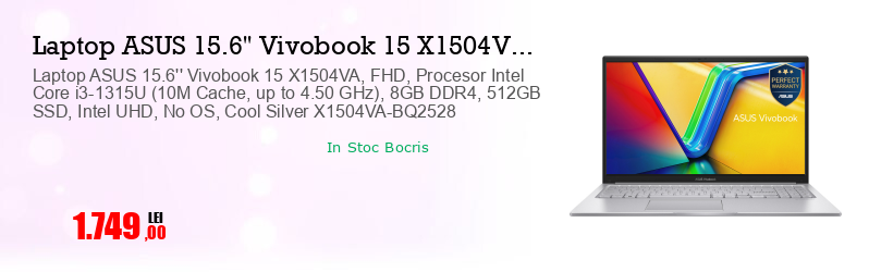 Laptop ASUS 15.6'' Vivobook 15 X1504VA, FHD, Procesor Intel Core i3-1315U (10M Cache, up to 4.50 GHz), 8GB DDR4, 512GB SSD, Intel UHD, No OS, Cool Silver X1504VA-BQ2528