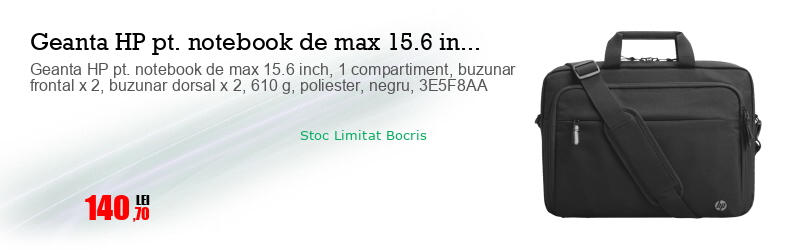 Geanta HP pt. notebook de max 15.6 inch, 1 compartiment, buzunar frontal x 2, buzunar dorsal x 2, 610 g, poliester, negru, 3E5F8AA