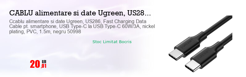 Ccablu alimentare si date Ugreen, US286, Fast Charging Data Cable pt. smartphone, USB Type-C la USB Type-C 60W/3A, nickel plating, PVC, 1.5m, negru 50998