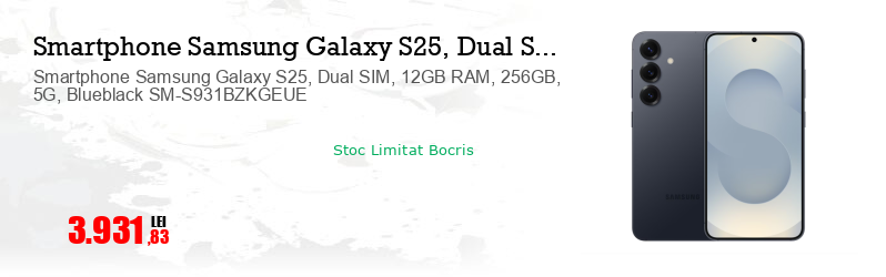 Smartphone Samsung Galaxy S25, Dual SIM, 12GB RAM, 256GB, 5G, Blueblack SM-S931BZKGEUE