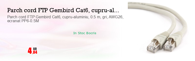 Parch cord FTP Gembird Cat6, cupru-aluminiu, 0.5 m, gri, AWG26, ecranat PP6-0.5M