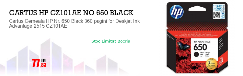 Cartus Cerneala HP Nr. 650 Black 360 pagini for Deskjet Ink Advantage 2515 CZ101AE
